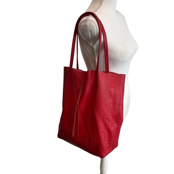 Borse in Pelle Red Leather Tote Bag Shoulder Straps Made in Italy - Picture 1 of 7